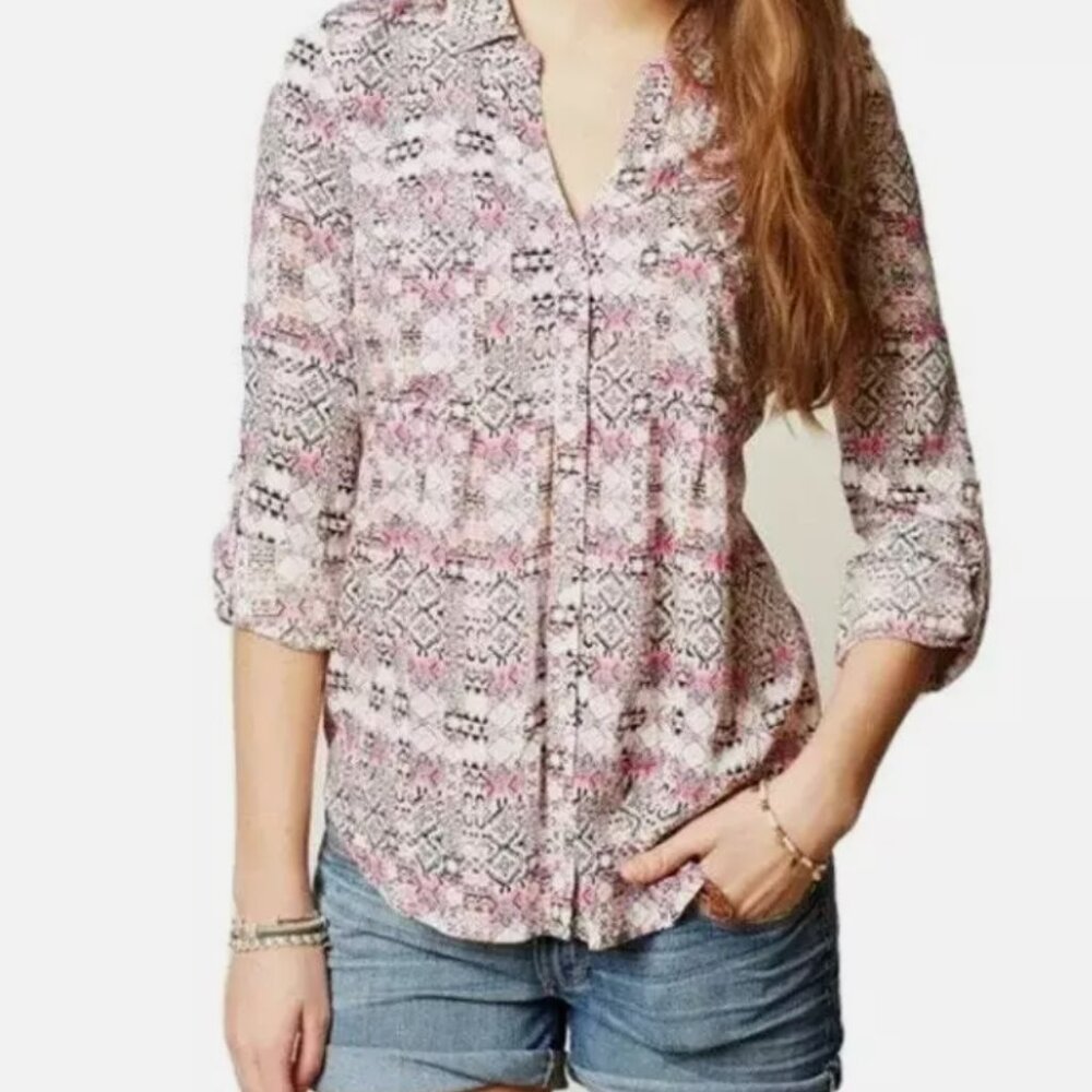 Maeve Anthropologie Islet Roll Tab Sleeve Button Up Shirt